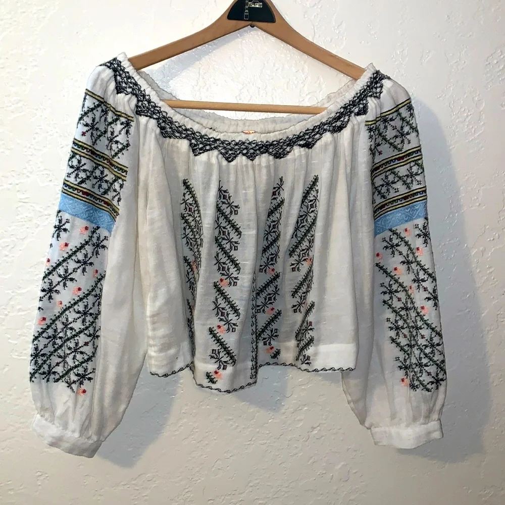 Free People All I Need Embroidered Crop Top White Blue XS